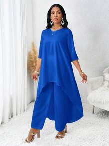 SHEIN Lady 四季秋季女装秋装白色长袖不对称两件套女秋季套装女套装女装套装女装套装女两件套秋季两件套返校节秋季女装秋装白色女装套装女装套装套装两件套西装婚礼活动礼服女两件套 - 寶藍色 - 查看 5