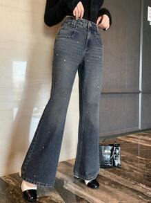 DAZY Women Rhinestone Pocket Casual Versatile Flare Leg Jeans - Dark Wash - View 7