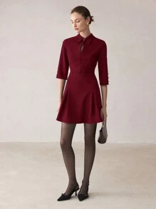 BizChic Váy đi làm thanh lịch màu trơn cho nữ, váy mùa thu cho nữ, cài nút phía trước - Màu Đỏ Sâu - Xem 2