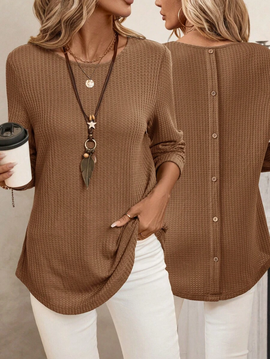 EMERY ROSE 女款华夫格针织纽扣后背弧形下摆 T 恤 - 駝色 - 查看 1