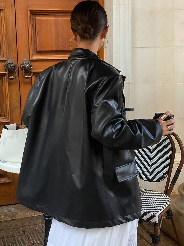 DAZY レディース PU リボン装飾ブレザージャケット、ミニマリストファッションカジュアル普段着、秋冬レディース服ビジネスウェア - ブラック - 見る 7