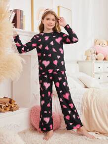 SHEIN 2pcs/Set Tween Girl Casual Crew Neck Long Sleeve Top And Loose Pants Pajama Set, Featuring Heart Print Design, Flame Retardant, Sibling Outfits (Sold Separately), Valentine's Day - Black - View 3