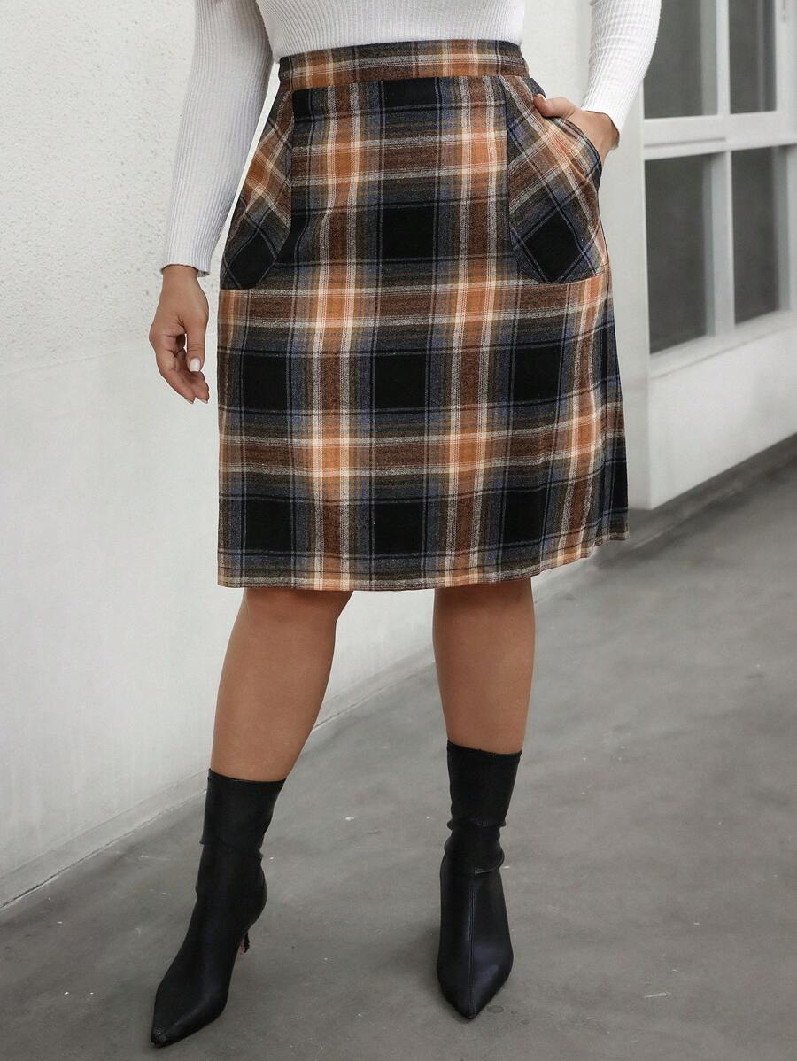 SHEIN LUNE 2024 秋冬感恩节女士新年大码格子印花A字裙 - 彩色 - 查看 1