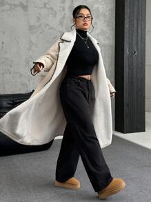 SHEIN EZwear Veste grande taille automne-hiver épaisse et chaude, en suède imitation lapin fourrure, avec col châle oversize et broderie de contraste