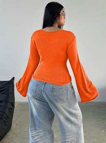Flirla Plus Size Women's Flare Sleeve Solid Color Casual Sweater - Orange - View 2