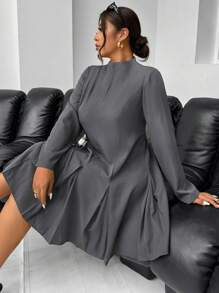 Firerie Plus Size Women Solid Gray Flared Sleeve Stand Collar Pleated Mini Dress, Autumn/Winter