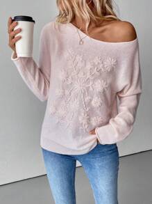 SHEIN LUNE 休闲纯色刺绣花卉圆领毛衣，秋季针织套头衫 - 淺粉色 - 查看 7