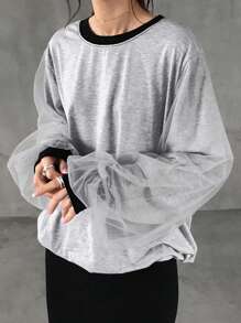 FRIFUL Women Mesh Contrast Loose Batwing Sleeve Round Neck T-Shirt - Grey - View 4