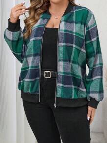 SHEIN LUNE Chaqueta acolchada de talla grande para mujeres con diseño a cuadros en verde y negro, de manga larga y costilla, cómoda para el invierno y las fiestas