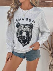 SHEIN LUNE 女士休闲圆领长袖灰色小熊图案卫衣，秋季套头衫 - 灰色 - 查看 3