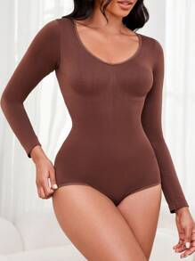 Women's Solid Color Crew Neck Bodysuit, Fitted Long Sleeve - Coffee Brown - View 1