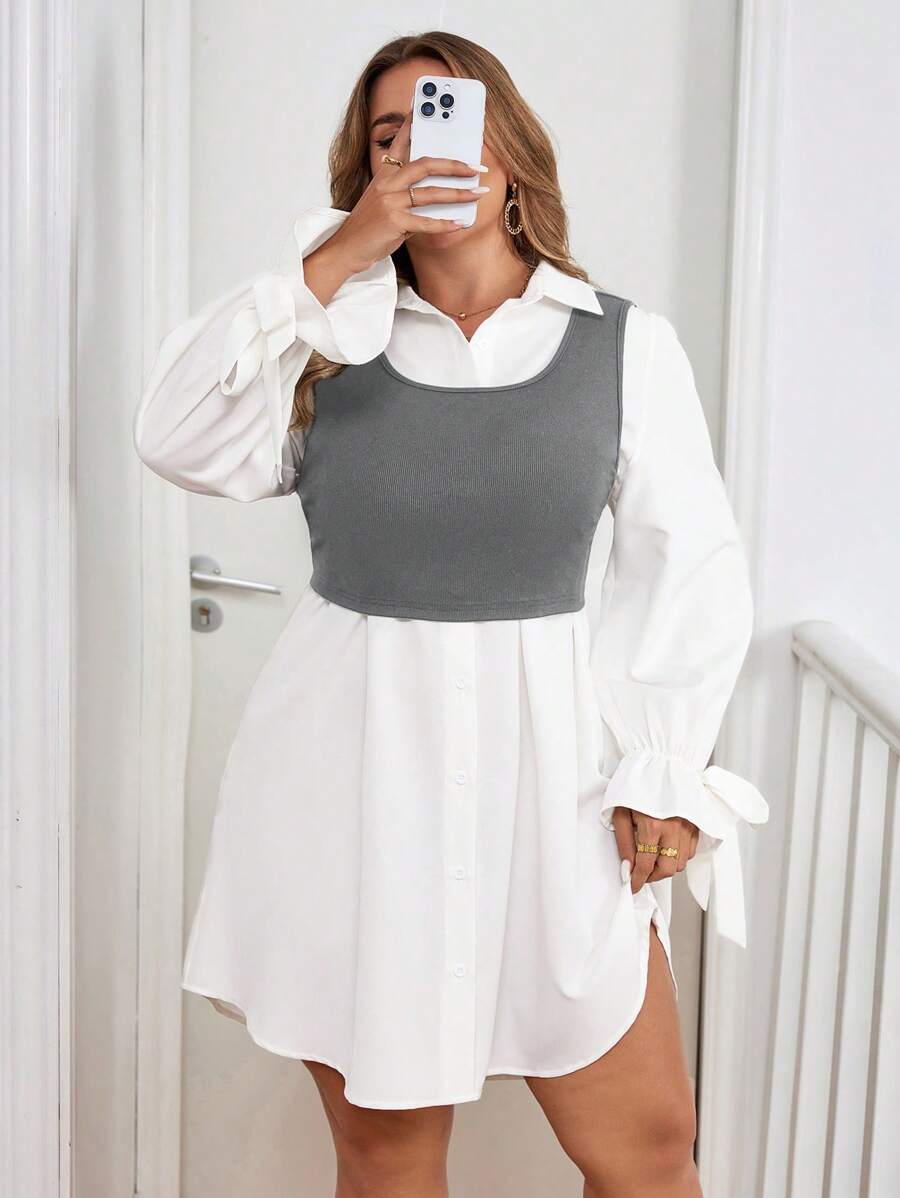 SHEIN Clasi Plus Size 2pcs Set Solid Color Long Sleeve Collared Shirt Dress & Sleeveless Cropped Vest - Grey - View 1