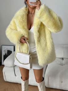 Almamuse Fox Fur Collar Faux Leather Jacket, Minimalist Fashion Casual Everyday Wear Fall Winter Cloth For Women