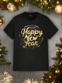 Manfinity Homme Plus Size Men's Casual 2025 New Year Faux Gold Foil Graphic Print Couple T-Shirt