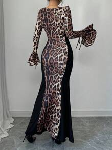 Chiquease Robe longue pour femme à imprimé léopard, décolleté en V, volants, manches évasées, nœud papillon et ourlet sirène. Tenue maxi pour femme, adaptée à l'automne et au printemps