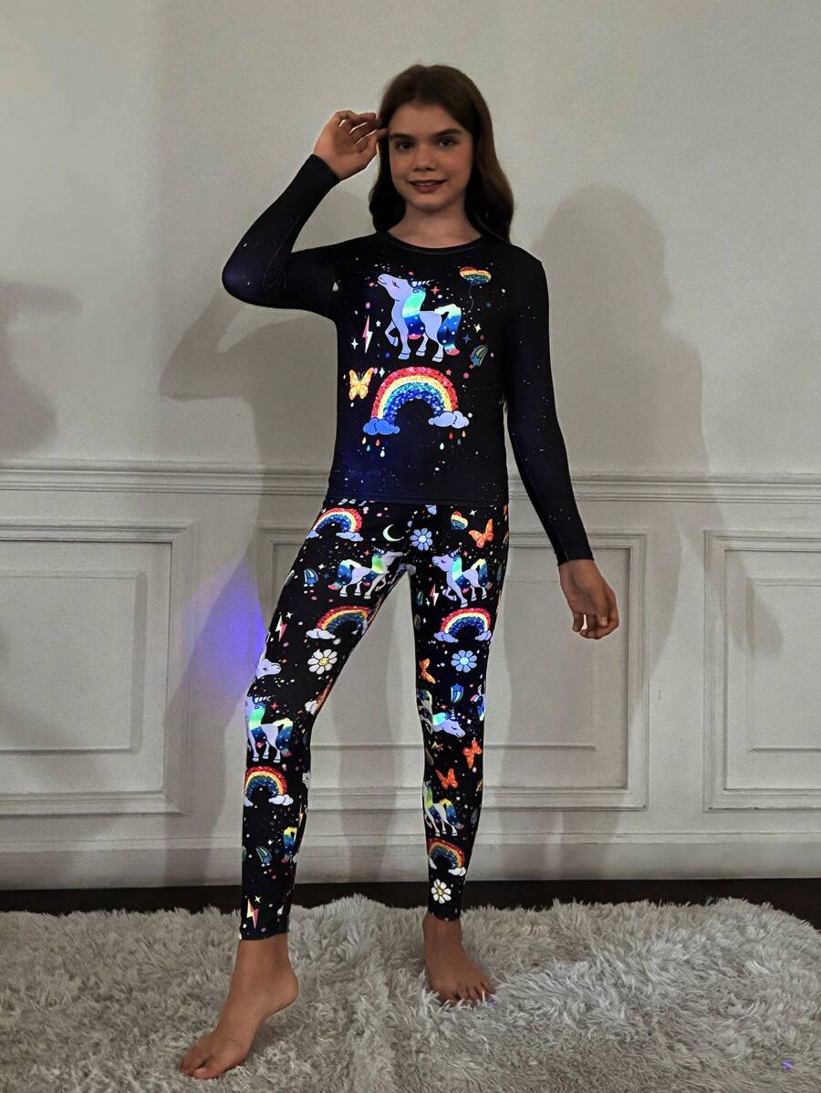 SHEIN Tween Girls Glowing Unicorn & Rainbow Graphic Crew Neck Long Sleeve Snug Fit Pajamas Set, 2 Pcs, Cozy & Adorable - Multicolor - View 1