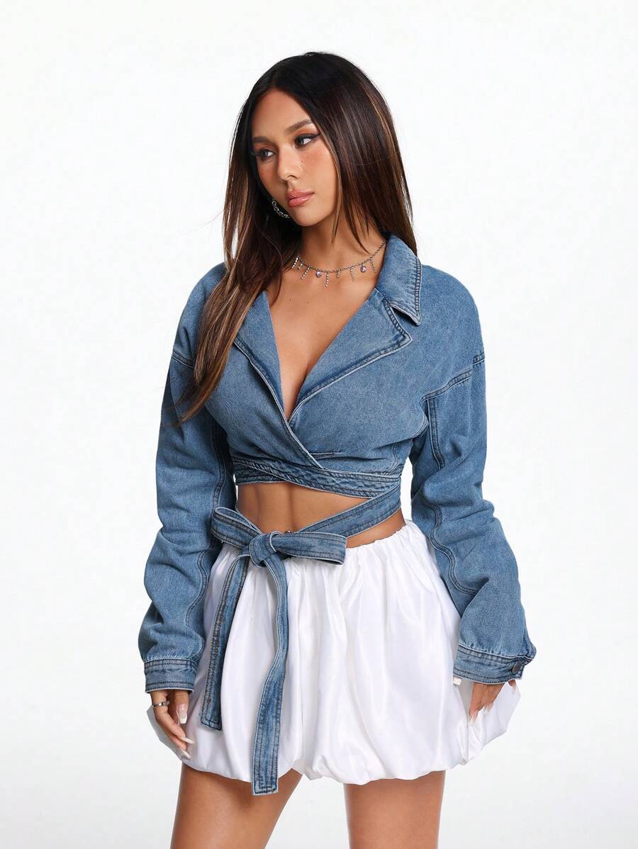 SHEIN EZwear Áo khoác denim ngắn giản dị cho nữ, mùa thu - Rửa trung bình - Xem 1