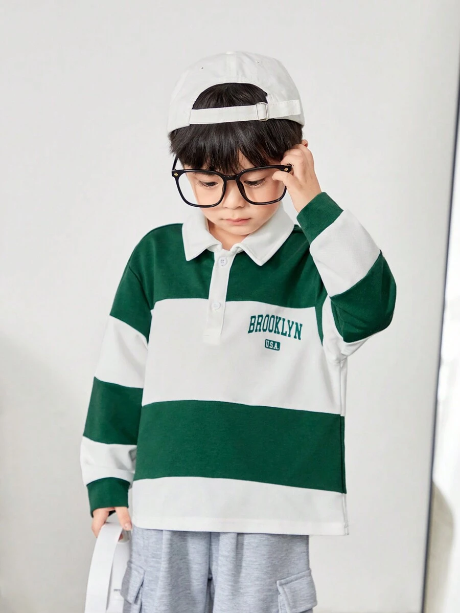 SHEIN 男童宽松休闲撞色衬衫领字母印花 Polo 衫，适合返校、校服穿着，保暖舒适，适合返校、日常穿着、圣诞节、生日派对等场合，基础百搭。 - 彩色 - 查看 1