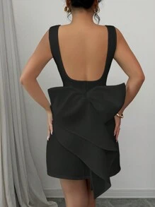 Elenzga 优雅女士无袖露背蝴蝶结圆领迷你连衣裙