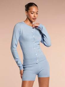 Glamine 2 件套女士奢华优雅运动修身开衫针织套装，圣诞毛衣套装，时尚女士冬装，时尚秋季女士两件套 - 淺藍色 - 查看 7