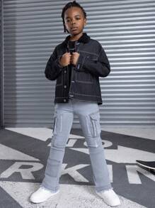 SHEIN Tween Boy Fashion Casual Black Denim Fur Collar And Pocket Design Lined For Added Warmth Lapels Long-Sleeved Jacket For Dailywear Boys Winter Jacket/Coat Costume And Fall/Winter Kids Clothes - Black - View 3