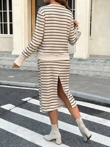 SHEIN 2pcs/Set Maternity Stripe Print Round Neck Long Sleeve Top And Skirt Set - White - View 3
