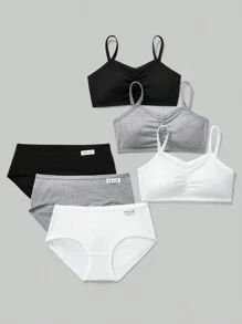 SHEIN Tween Girls 6 件套简约舒适吊带背心文胸和字母装饰透气三角内裤套装 - 黑與白 - 查看 1