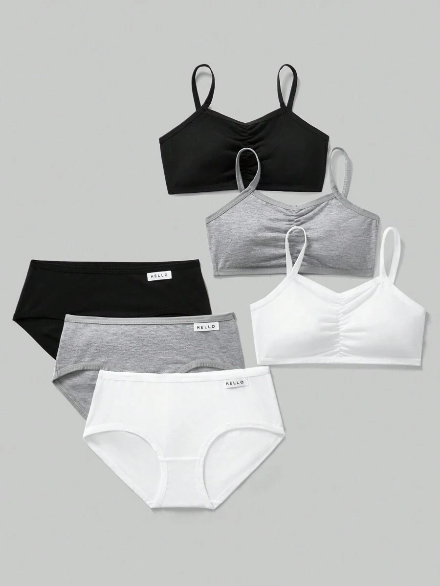 SHEIN Tween Girls 6 件套简约舒适吊带背心文胸和字母装饰透气三角内裤套装 - 黑與白 - 查看 1