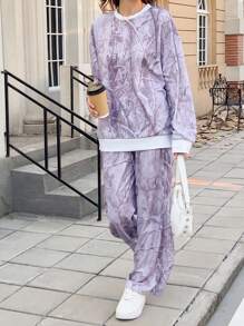 SHEIN Slayr 2 bộ đồ nữ cổ tròn tay dài in hoa dáng rộng thoải mái và quần âu thường ngày, mùa xuân và mùa thu - Xám - Xem 5