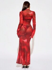 SHEIN SXY 红色渐变半透明性感长袖连衣裙、红色连衣裙、红色女装连衣裙、派对女装连衣裙、圣诞派对女装连衣裙、新年前夜连衣裙、新年服装、性感红色连衣裙、红色长裙