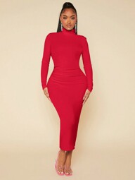 SHEIN SXY High Neck Solid Bodycon Ruched White Dress