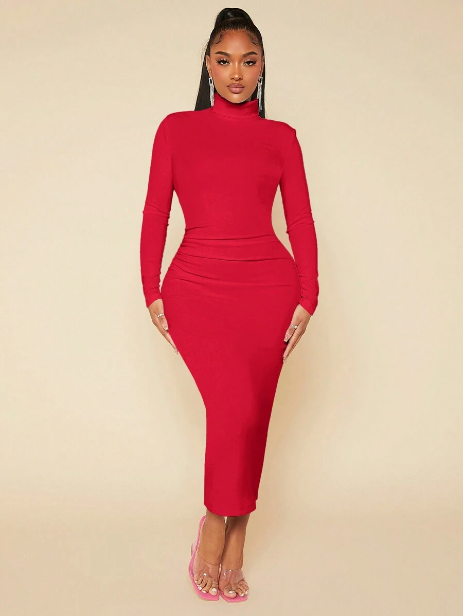 SHEIN SXY 高领纯色紧身褶皱白色连衣裙 - 紅色 - 查看 1