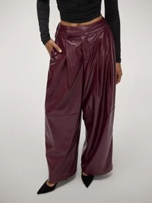 SHEIN Forever 21 Women PU Leather Look Casual Straight Leg Pants, Minimalist And Fashionable For Everyday Wear - Red - View 1