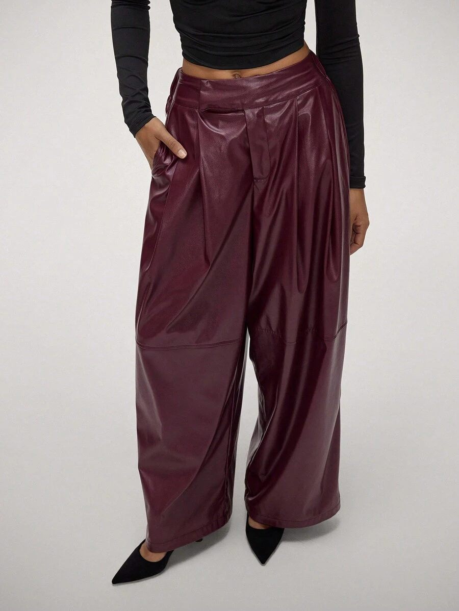 SHEIN Forever 21 Women PU Leather Look Casual Straight Leg Pants, Minimalist And Fashionable For Everyday Wear - Red - View 1