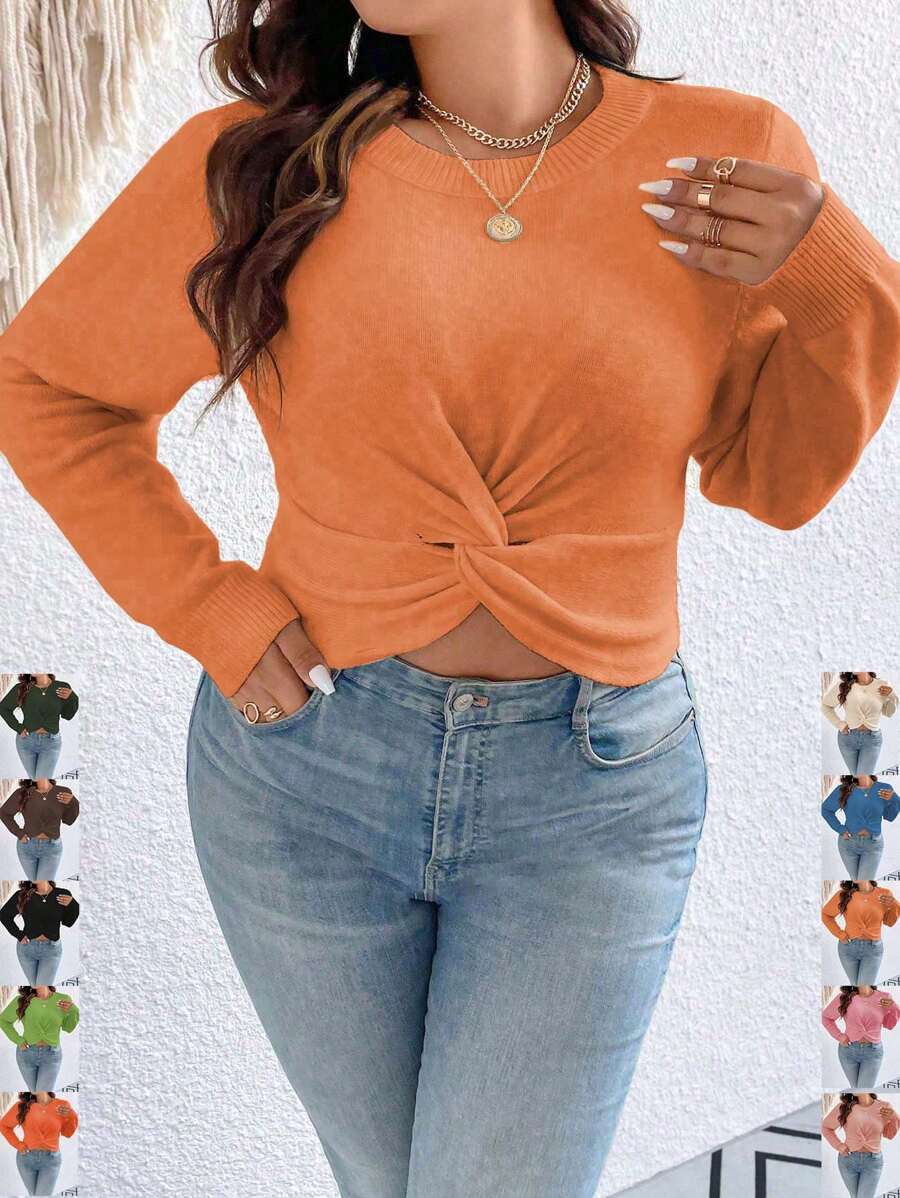 SHEIN Clasi 大码女式休闲圆领扭结短款套头毛衣，适合秋冬季穿着。 - 橘色 - 查看 1