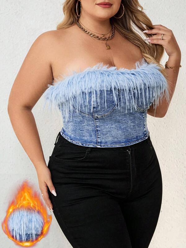 SHEIN CURVE+ 蓝色大码牛仔上衣 紧身上衣 内衬更保暖 保暖牛仔布