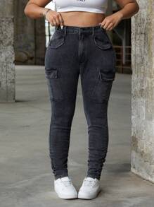 SHEIN ICON Plus Size Vintage Washed Utilty Multi-Pocket Stretch Skinny Fold Pleated Pants - Grey - View 6