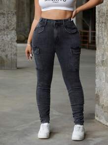 SHEIN ICON Plus Size Vintage Washed Utilty Multi-Pocket Stretch Skinny Fold Pleated Pants - Grey - View 3