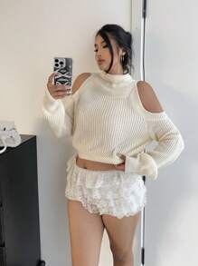 SHEIN Unity Plus Size Autumn/Winter Stylish Minimalist High Collar Fitted Hollow Out Cropped Women Long Sleeve Sweater Knit Pullover Fall - Beige - View 3