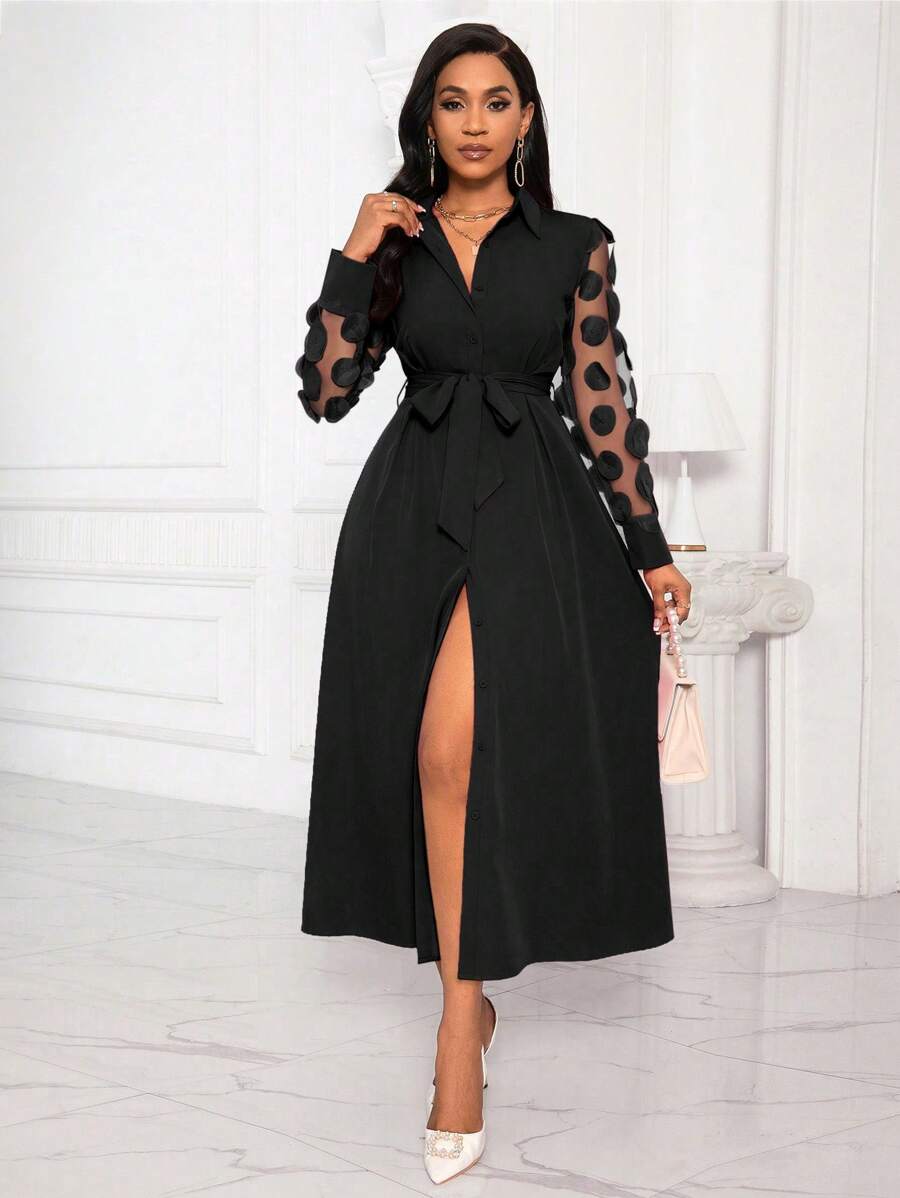 Lyxana Women's Autumn Patchwork Circular Applique Mesh Long Sleeve Single-Breasted Elegant Shirt Dress (Asymmetric Floral Print) Fall Cloth For Women