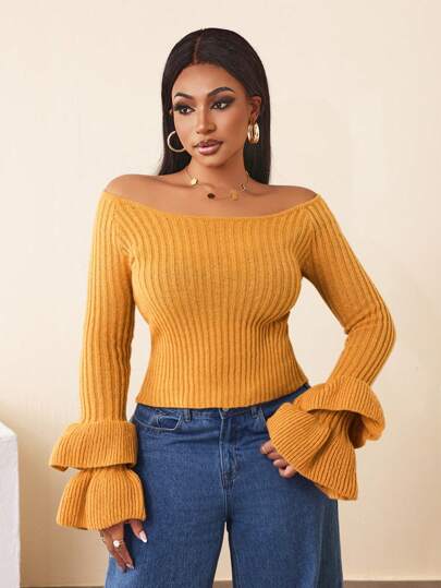 Zolique Suéter de manga larga acampanada de punto sólido en color albaricoque, estilo sexy y ajustado para ocasiones casuales, jersey de punto de otoño/invierno