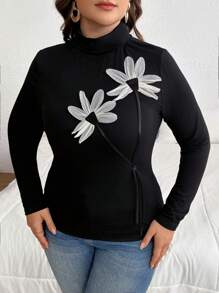 SHEIN Privé Plus Size Women Elegant Turtleneck Long Sleeve Floral Decor T-Shirt, Autumn - Black - View 3