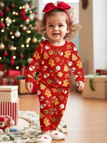 SHEIN Cute Christmas Print, Funny Christmas Gingerbread, Baby Girls Casual Cozy Long Sleeve Snug Fit Lounge Pajamas Outfit Set, Suitable For Autumn/Winter - Multicolor - View 1