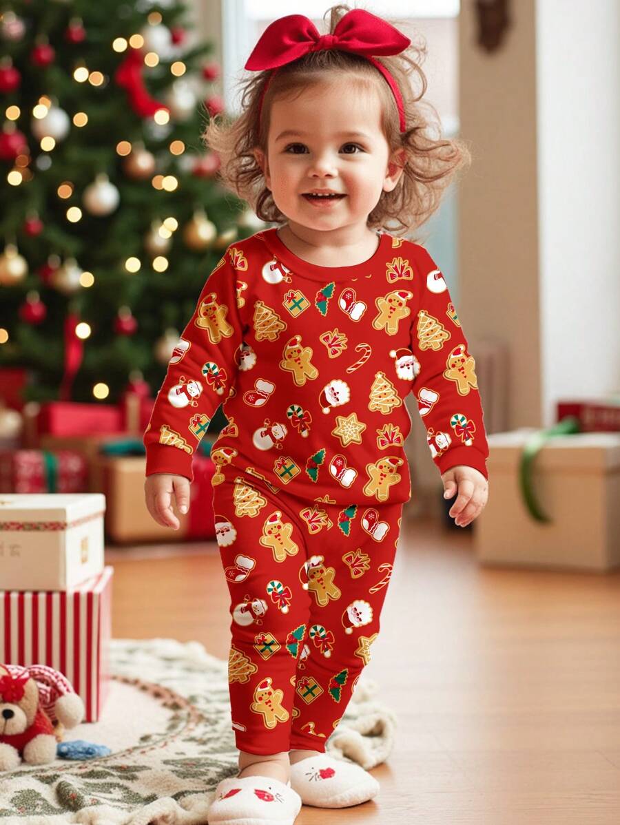 SHEIN Cute Christmas Print, Funny Christmas Gingerbread, Baby Girls Casual Cozy Long Sleeve Snug Fit Lounge Pajamas Outfit Set, Suitable For Autumn/Winter - Multicolor - View 1