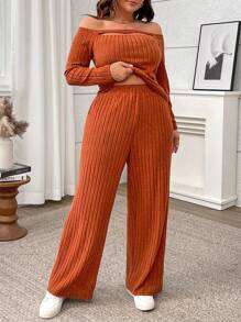 Franclia Plus Size Women's Autumn/Winter Off Shoulder Long Sleeve Knitted 2 Pieces Set
