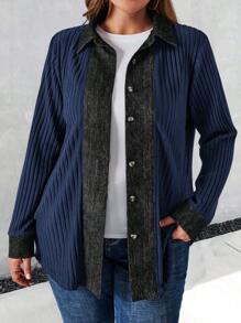EMERY ROSE Plus Size Women's Fuzzy Black Spliced Shirt Collar Fall Jacket,Winter Clothes For Women - Blue - View 7