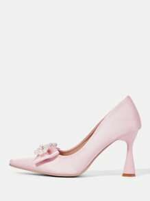 CUCCOO HITCHD Women Faux Pearl Decor Bow Point Toe High Heel Dress Shoes For Christmas And New Year Holiday Vibe Fall And Winter - Pink - View 5