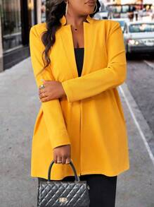 Slaydiva Abrigo amarillo recto y elegante de longitud media para mujer de talla grande, ideal para el trayecto, apto para otoño/invierno - Amarillo - Ver 3