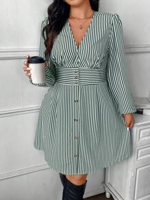 SHEIN Frenchy Plus Size Striped Short Casual Long Sleeve Dress For Women