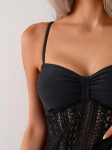 Swim Lushoire Solid Color Jacquard Hem Spaghetti Strap Women's Tank Top And Tankini Set, 2pcs Summer - Black - View 5